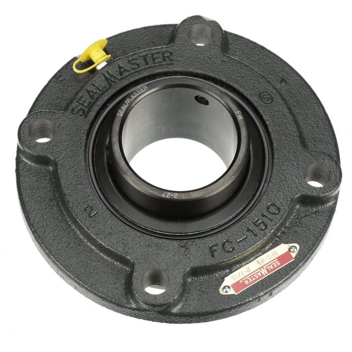 Sealmaster SFC-39 HTC Mounted Ball Bearings, Black Oxide Bearing, 4 Bolt Piloted Flange Bearings, 2-7/16" Diameter, Cast Iron Housing, Set Screw Locking, Contact Seal, High Temperature Seal, High Temperature Grease, Wide Inner Race