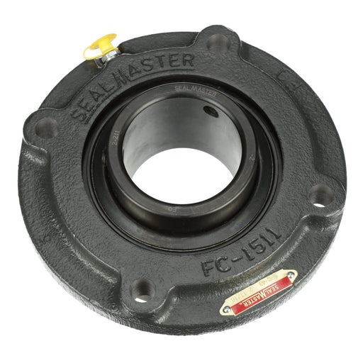 Sealmaster SFC-40 Mounted Ball Bearings, Black Oxide Bearing, 4 Bolt Piloted Flange Bearings, 2-1/2" Diameter, Cast Iron Housing, Set Screw Locking, Felt Labyrinth Seal, Wide Inner Race