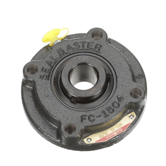 Sealmaster MFC-15 Mounted Ball Bearings, Black Oxide Bearing, 4 Bolt Piloted Flange Bearings, 15/16" Diameter, Cast Iron Housing, Set Screw Locking, Felt Labyrinth Seal, Wide Inner Race