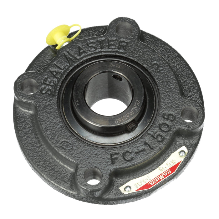 Sealmaster MFC-19 Mounted Ball Bearings, Black Oxide Bearing, 4 Bolt Piloted Flange Bearings, 1-3/16" Diameter, Cast Iron Housing, Set Screw Locking, Felt Labyrinth Seal, Wide Inner Race