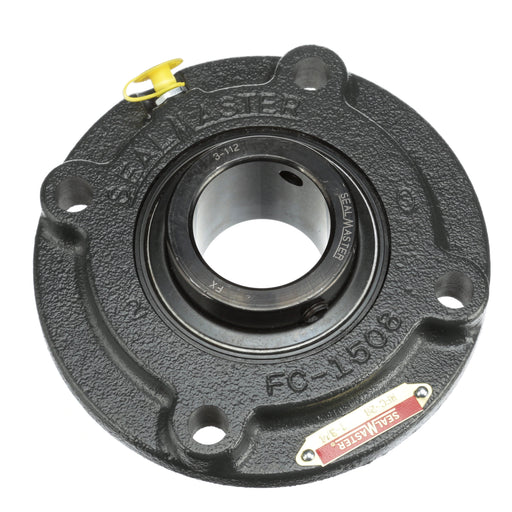 Sealmaster MFC-28 Mounted Ball Bearings, Black Oxide Bearing, 4 Bolt Piloted Flange Bearings, 1-3/4" Diameter, Cast Iron Housing, Set Screw Locking, Felt Labyrinth Seal, Wide Inner Race