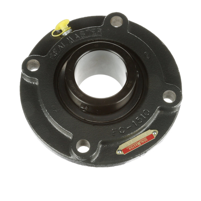 Sealmaster MFC-35 Mounted Ball Bearings, Black Oxide Bearing, 4 Bolt Piloted Flange Bearings, 2-3/16" Diameter, Cast Iron Housing, Set Screw Locking, Felt Labyrinth Seal, Wide Inner Race