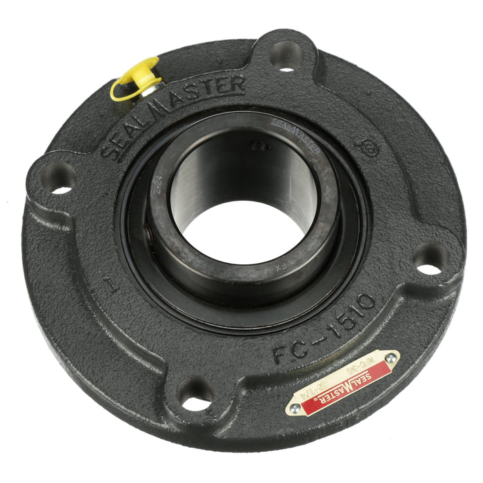 Sealmaster MFC-36 Mounted Ball Bearings, Black Oxide Bearing, 4 Bolt Piloted Flange Bearings, 2-1/4" Diameter, Cast Iron Housing, Set Screw Locking, Felt Labyrinth Seal, Wide Inner Race