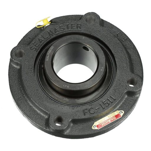 Sealmaster MFC-39 AJG Mounted Ball Bearings, Black Oxide Bearing, 4 Bolt Piloted Flange Bearings, 2-7/16" Diameter, Cast Iron Housing, Set Screw Locking, Wide Inner Race