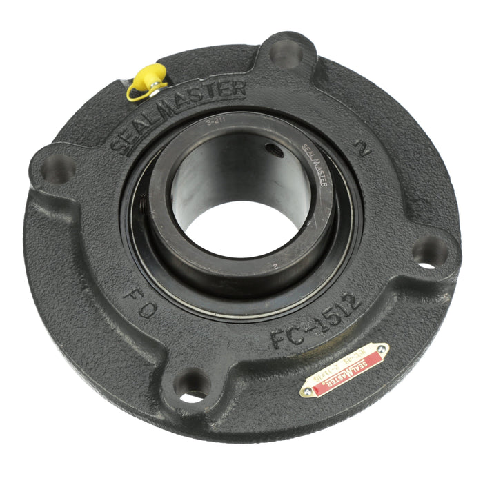 Sealmaster MFC-43 Mounted Ball Bearings, Black Oxide Bearing, 4 Bolt Piloted Flange Bearings, 2-11/16" Diameter, Cast Iron Housing, Set Screw Locking, Felt Labyrinth Seal, Wide Inner Race