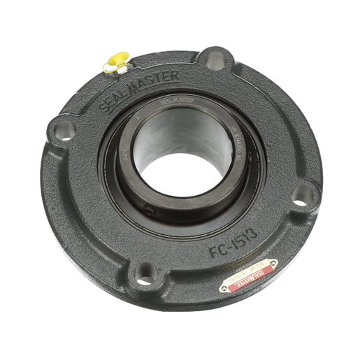 Sealmaster MFC-47 CXU Mounted Ball Bearings, Black Oxide Bearing, 4 Bolt Piloted Flange Bearings, 2-11/16" Diameter, Cast Iron Housing, Set Screw Locking, Felt Labyrinth Seal, Air Handling Housing Fit, Wide Inner Race