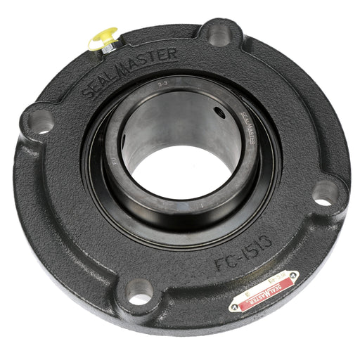 Sealmaster MFC-48 Mounted Ball Bearings, Black Oxide Bearing, 4 Bolt Piloted Flange Bearings, 3" Diameter, Cast Iron Housing, Set Screw Locking, Felt Labyrinth Seal, Wide Inner Race