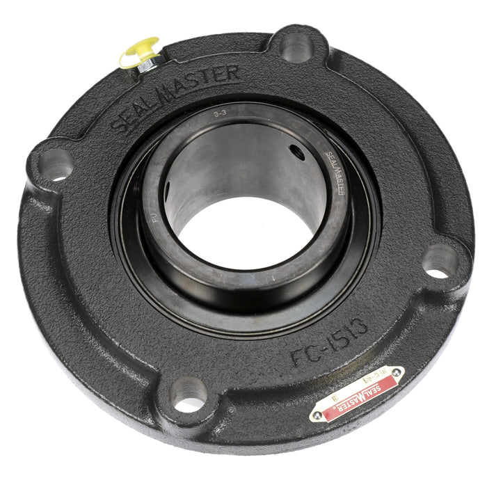 Sealmaster MFC-48 Y Mounted Ball Bearings, Black Oxide Bearing, 4 Bolt Piloted Flange Bearings, 3" Diameter, Cast Iron Housing, Set Screw Locking, Felt Labyrinth Seal, Wide Inner Race