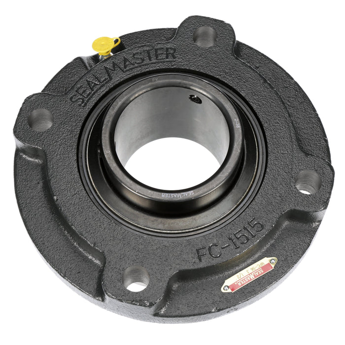 Sealmaster MFC-56 Y Mounted Ball Bearings, Black Oxide Bearing, 4 Bolt Piloted Flange Bearings, 3-1/2" Diameter, Cast Iron Housing, Set Screw Locking, Felt Labyrinth Seal, Wide Inner Race