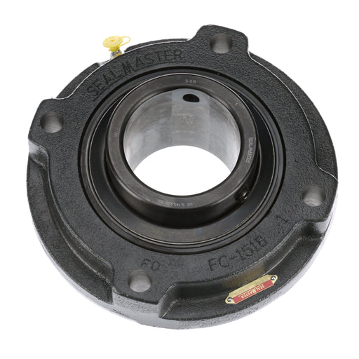 Sealmaster MFC-63 BJC Mounted Ball Bearings, Black Oxide Bearing, 4 Bolt Piloted Flange Bearings, 3-15/16" Diameter, Cast Iron Housing, Set Screw Locking, Wide Inner Race