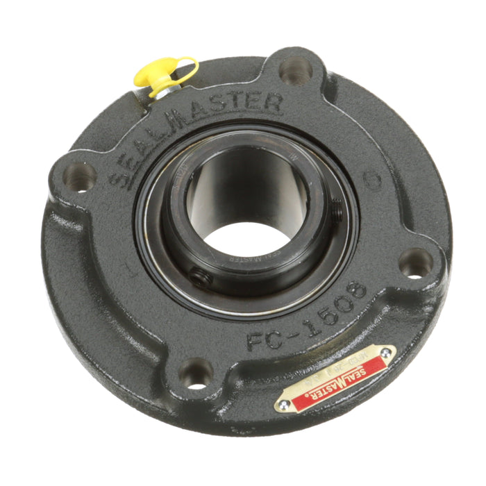 Sealmaster MFCD-28 Mounted Ball Bearings, Black Oxide Bearing, 4 Bolt Piloted Flange Bearings, 1-3/4" Diameter, Cast Iron Housing, Double Set Screw Locking, Felt Labyrinth Seal, Wide Inner Race