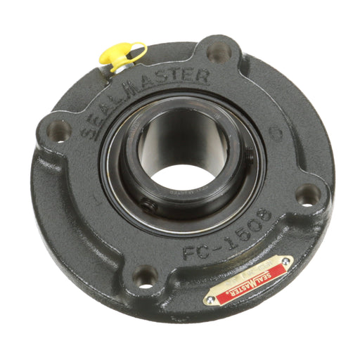 Sealmaster MFCD-19 Mounted Ball Bearings, Black Oxide Bearing, 4 Bolt Piloted Flange Bearings, 1-3/16" Diameter, Cast Iron Housing, Double Set Screw Locking, Felt Labyrinth Seal, Wide Inner Race