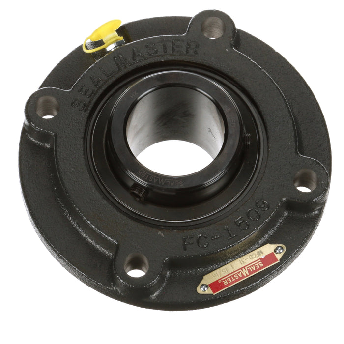 Sealmaster MFCD-31 Mounted Ball Bearings, Black Oxide Bearing, 4 Bolt Piloted Flange Bearings, 1-15/16" Diameter, Cast Iron Housing, Double Set Screw Locking, Felt Labyrinth Seal, Wide Inner Race