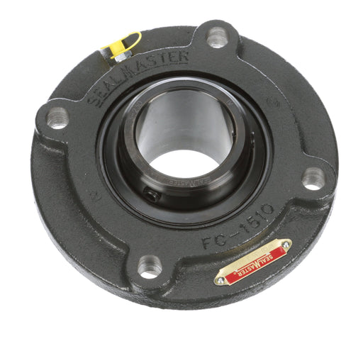 Sealmaster MFCD-35 Mounted Ball Bearings, Black Oxide Bearing, 4 Bolt Piloted Flange Bearings, 2-3/16" Diameter, Cast Iron Housing, Double Set Screw Locking, Felt Labyrinth Seal, Wide Inner Race