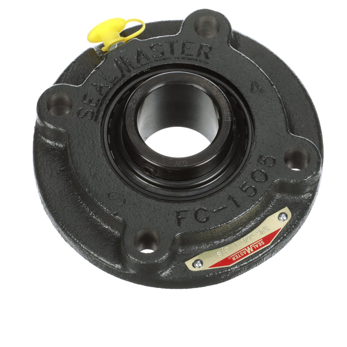 Sealmaster SFC-22C Mounted Ball Bearings, Black Oxide Bearing, 4 Bolt Piloted Flange Bearings, 1-3/8" Diameter, Cast Iron Housing, Set Screw Locking, Contact Seal, Wide Inner Race