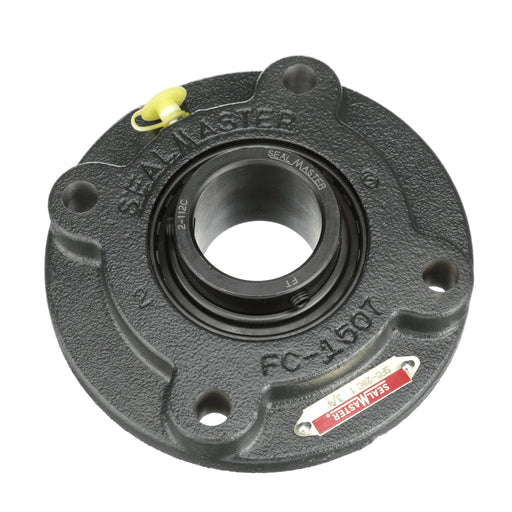 Sealmaster SFC-28C Mounted Ball Bearings, Black Oxide Bearing, 4 Bolt Piloted Flange Bearings, 1-3/4" Diameter, Cast Iron Housing, Set Screw Locking, Contact Seal, Wide Inner Race