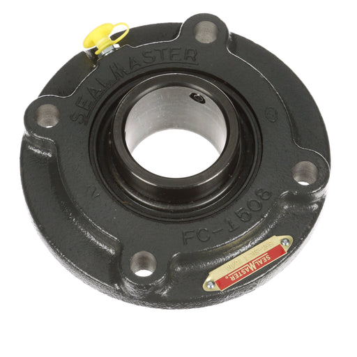 Sealmaster SFC-35C Mounted Ball Bearings, Black Oxide Bearing, 4 Bolt Piloted Flange Bearings, 2-3/16" Diameter, Cast Iron Housing, Set Screw Locking, Contact Seal, Wide Inner Race