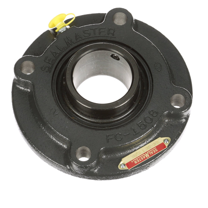 Sealmaster SFC-43C Mounted Ball Bearings, Black Oxide Bearing, 4 Bolt Piloted Flange Bearings, 2-11/16" Diameter, Cast Iron Housing, Set Screw Locking, Contact Seal, Wide Inner Race