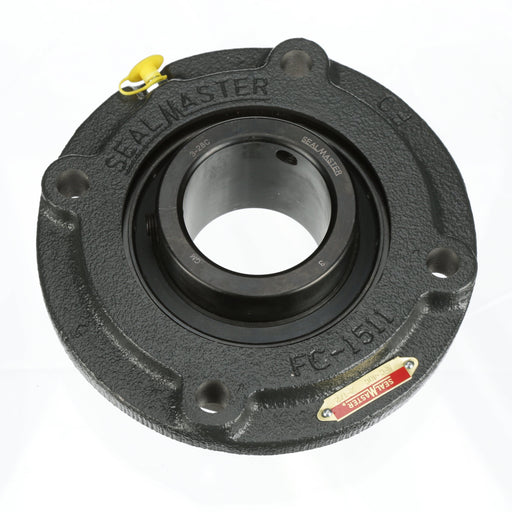 Sealmaster MFC-40C Mounted Ball Bearings, Black Oxide Bearing, 4 Bolt Piloted Flange Bearings, 2-1/2" Diameter, Cast Iron Housing, Set Screw Locking, Contact Seal, Wide Inner Race