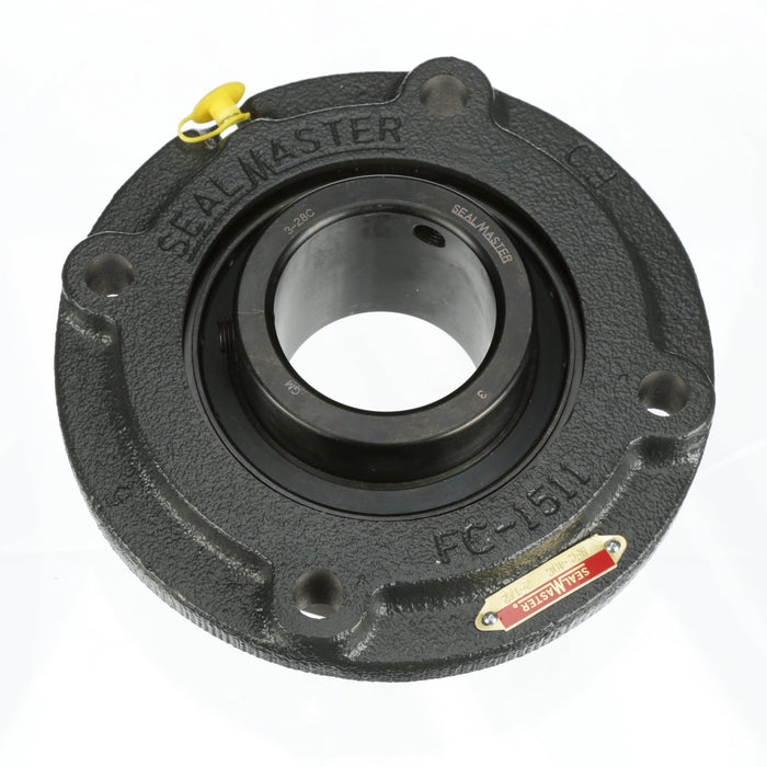 Sealmaster MFC-40C Mounted Ball Bearings, Black Oxide Bearing, 4 Bolt Piloted Flange Bearings, 2-1/2" Diameter, Cast Iron Housing, Set Screw Locking, Contact Seal, Wide Inner Race