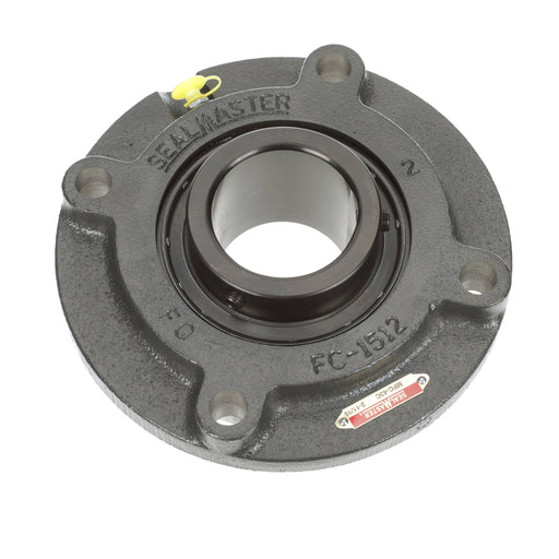 Sealmaster MFC-43C Mounted Ball Bearings, Black Oxide Bearing, 4 Bolt Piloted Flange Bearings, 2-11/16" Diameter, Cast Iron Housing, Set Screw Locking, Contact Seal, Wide Inner Race