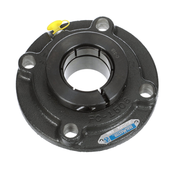 Sealmaster SFC-210TM Mounted Ball Bearings, Black Oxide Bearing, 4 Bolt Piloted Flange Bearings, 50mm Diameter, Cast Iron Housing, Concentric Locking, Felt Labyrinth Seal, Wide Inner Race