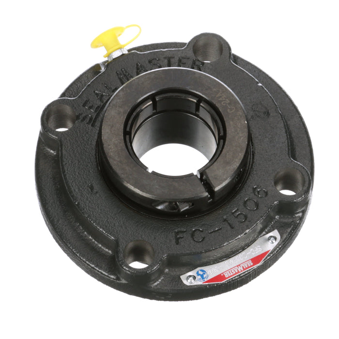 Sealmaster SFC-208TM Mounted Ball Bearings, Black Oxide Bearing, 4 Bolt Piloted Flange Bearings, 40mm Diameter, Cast Iron Housing, Concentric Locking, Felt Labyrinth Seal, Wide Inner Race