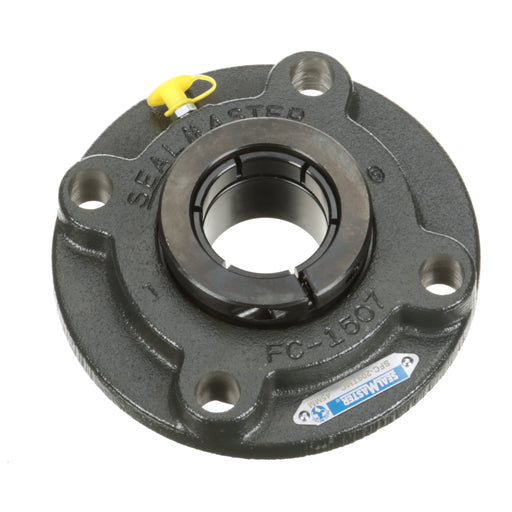 Sealmaster SFC-209TMC Mounted Ball Bearings, Black Oxide Bearing, 4 Bolt Piloted Flange Bearings, 45mm Diameter, Cast Iron Housing, Concentric Locking, Contact Seal, Wide Inner Race