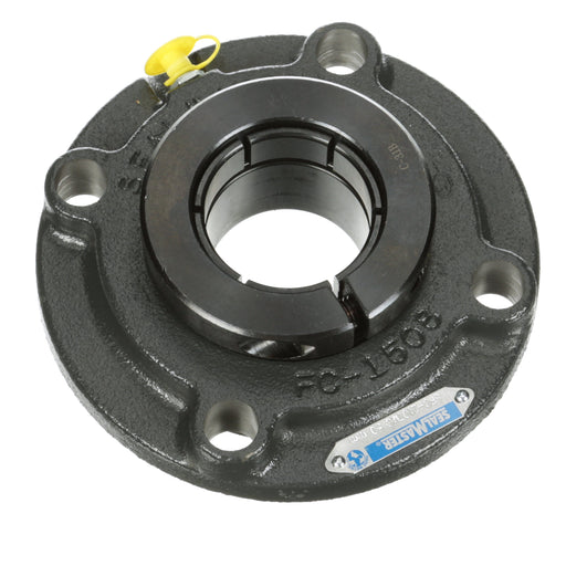 Sealmaster SFC-210TMC Mounted Ball Bearings, Black Oxide Bearing, 4 Bolt Piloted Flange Bearings, 50mm Diameter, Cast Iron Housing, Concentric Locking, Contact Seal, Wide Inner Race