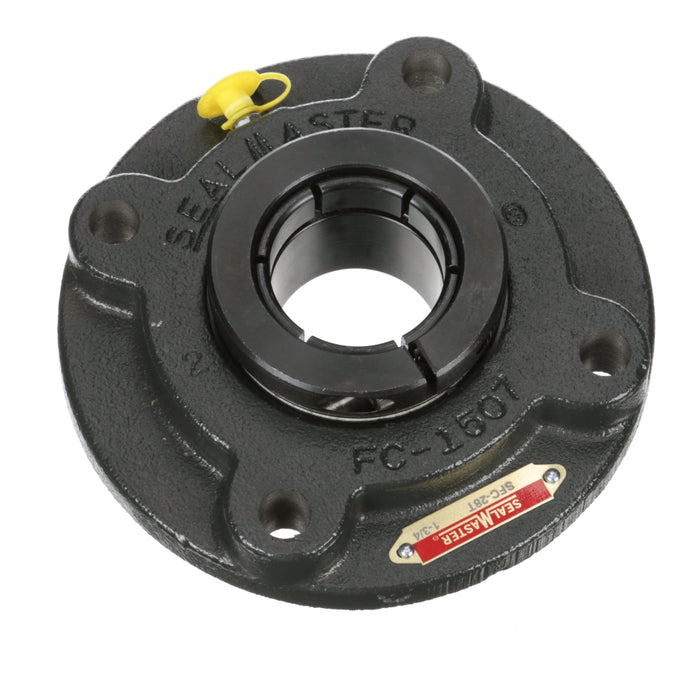 Sealmaster SFC-28T Mounted Ball Bearings, Black Oxide Bearing, 4 Bolt Piloted Flange Bearings, 1-3/4" Diameter, Cast Iron Housing, Concentric Locking, Felt Labyrinth Seal, Wide Inner Race