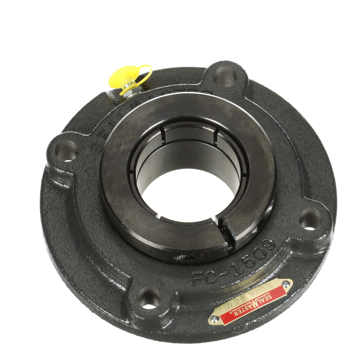 Sealmaster SFC-35T Mounted Ball Bearings, Black Oxide Bearing, 4 Bolt Piloted Flange Bearings, 2-3/16" Diameter, Cast Iron Housing, Concentric Locking, Felt Labyrinth Seal, Wide Inner Race