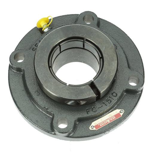 Sealmaster SFC-39T Mounted Ball Bearings, Black Oxide Bearing, 4 Bolt Piloted Flange Bearings, 2-7/16" Diameter, Cast Iron Housing, Concentric Locking, Felt Labyrinth Seal, Wide Inner Race