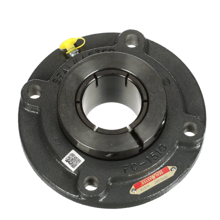 Sealmaster MFC-35T Mounted Ball Bearings, Black Oxide Bearing, 4 Bolt Piloted Flange Bearings, 2-3/16" Diameter, Cast Iron Housing, Concentric Locking, Felt Labyrinth Seal, Wide Inner Race