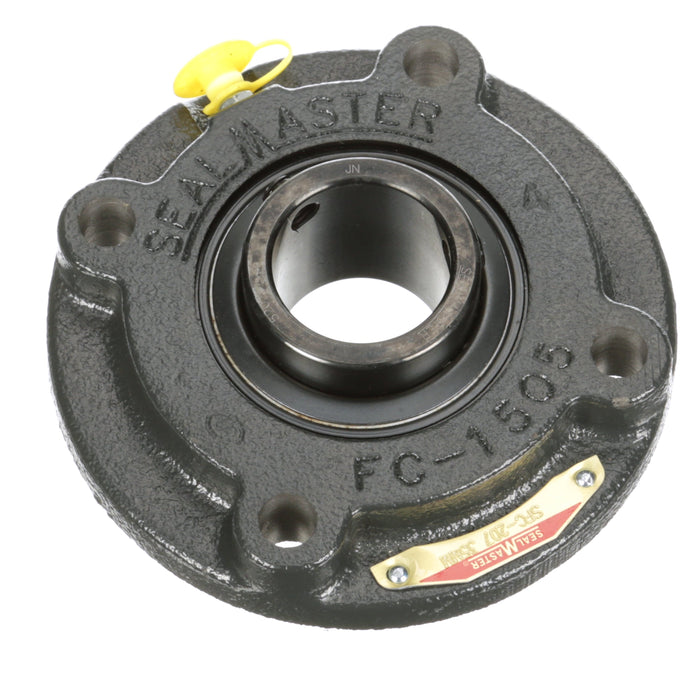 Sealmaster SFC-207 Mounted Ball Bearings, Black Oxide Bearing, 4 Bolt Piloted Flange Bearings, 35mm Diameter, Cast Iron Housing, Set Screw Locking, Felt Labyrinth Seal, Wide Inner Race