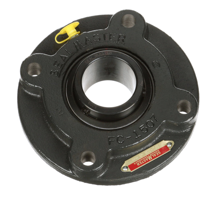 Sealmaster SFC-209 Mounted Ball Bearings, Black Oxide Bearing, 4 Bolt Piloted Flange Bearings, 45mm Diameter, Cast Iron Housing, Set Screw Locking, Felt Labyrinth Seal, Wide Inner Race