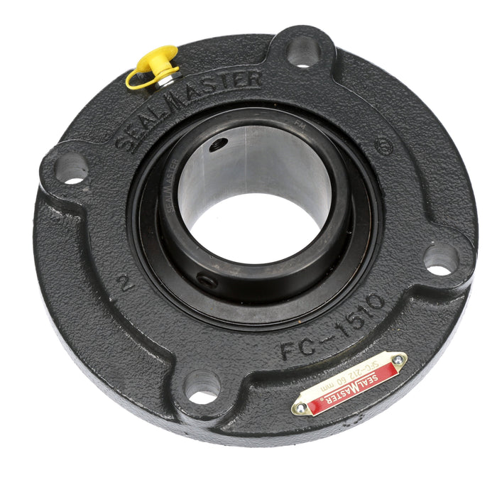 Sealmaster SFC-212 Mounted Ball Bearings, Black Oxide Bearing, 4 Bolt Piloted Flange Bearings, 60mm Diameter, Cast Iron Housing, Set Screw Locking, Felt Labyrinth Seal, Wide Inner Race