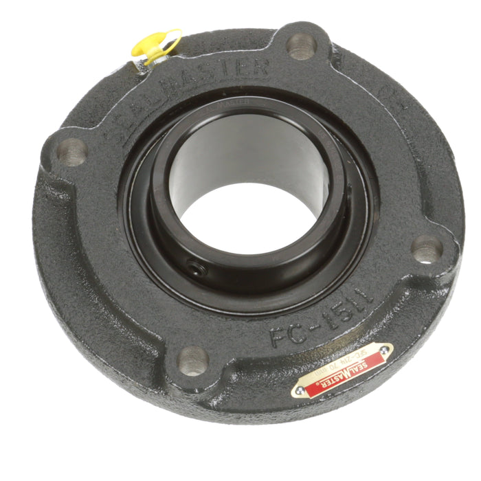 Sealmaster SFC-215 Mounted Ball Bearings, Black Oxide Bearing, 4 Bolt Piloted Flange Bearings, 75mm Diameter, Cast Iron Housing, Set Screw Locking, Felt Labyrinth Seal, Wide Inner Race