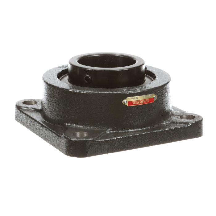 Sealmaster MSF-315 Mounted Ball Bearings, Black Oxide Bearing, 4 Bolt Flange Bearings, 75mm Diameter, Cast Iron Housing, Set Screw Locking, Felt Labyrinth Seal, Wide Inner Race