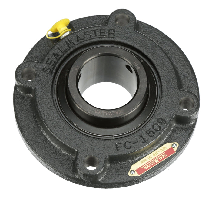 Sealmaster MFC-310 Mounted Ball Bearings, Black Oxide Bearing, 4 Bolt Piloted Flange Bearings, 50mm Diameter, Cast Iron Housing, Set Screw Locking, Felt Labyrinth Seal, Wide Inner Race