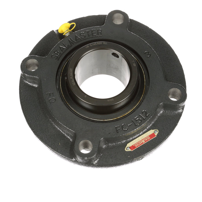 Sealmaster MFC-314 Mounted Ball Bearings, Black Oxide Bearing, 4 Bolt Piloted Flange Bearings, 70mm Diameter, Cast Iron Housing, Set Screw Locking, Felt Labyrinth Seal, Wide Inner Race