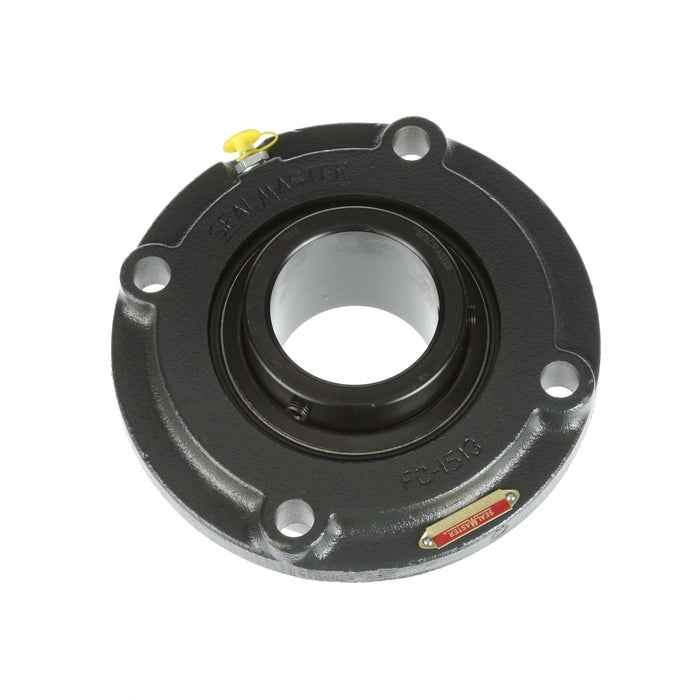 Sealmaster MFC-315 Mounted Ball Bearings, Black Oxide Bearing, 4 Bolt Piloted Flange Bearings, 75mm Diameter, Cast Iron Housing, Set Screw Locking, Felt Labyrinth Seal, Wide Inner Race