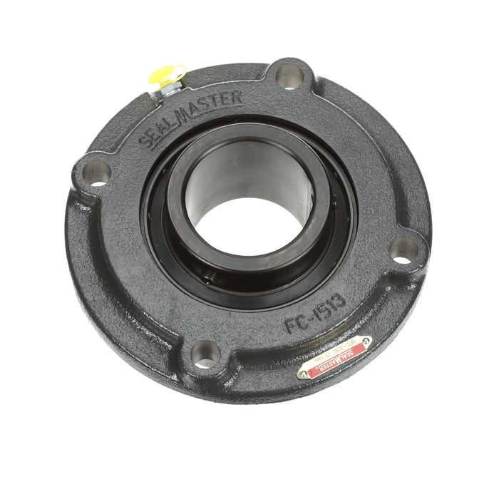 Sealmaster MFC-315C Mounted Ball Bearings, Black Oxide Bearing, 4 Bolt Piloted Flange Bearings, 75mm Diameter, Cast Iron Housing, Set Screw Locking, Contact Seal, Wide Inner Race