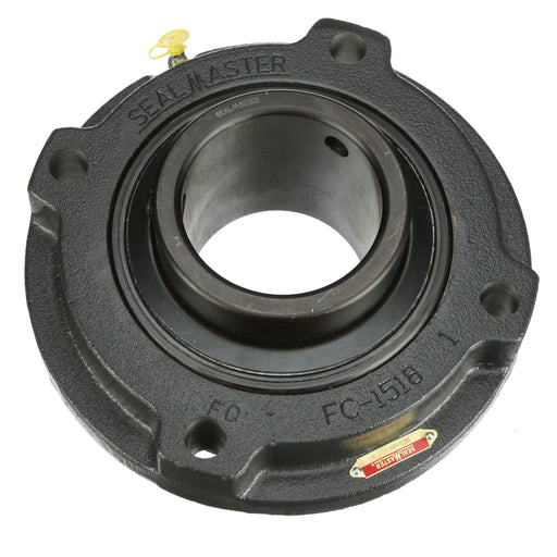 Sealmaster MFC-64 Mounted Ball Bearings, Black Oxide Bearing, 4 Bolt Piloted Flange Bearings, 4" Diameter, Cast Iron Housing, Set Screw Locking, Felt Labyrinth Seal, Wide Inner Race