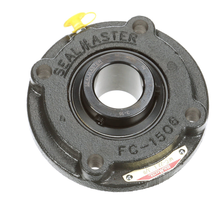 Sealmaster MFC-22 Mounted Ball Bearings, Black Oxide Bearing, 4 Bolt Piloted Flange Bearings, 1-3/8" Diameter, Cast Iron Housing, Set Screw Locking, Felt Labyrinth Seal, Wide Inner Race