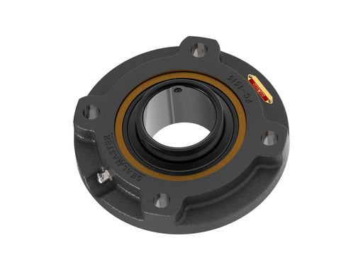 Sealmaster EMFC-55 Mounted Ball Bearings, Black Oxide Bearing, 4 Bolt Piloted Flange Bearings, 3-7/16" Diameter, Cast Iron Housing, Set Screw Locking, Felt Labyrinth Seal, Wide Inner Race