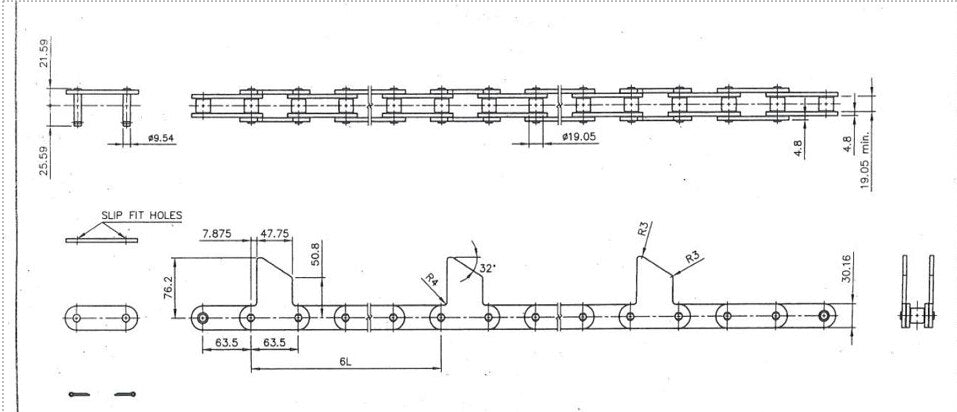 Roller Chain, ANSI Extended Pitch Attach, C2100 Pitch, Attachment Chain, Carbon Steel, 2-1/2" Pitch, 1 Strand, M-1, E6LP