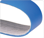 Conveyor belt wrapped in a half loop to show the blue polyurethane cover and the white fabric bottom and the fabric middle layer on a white background