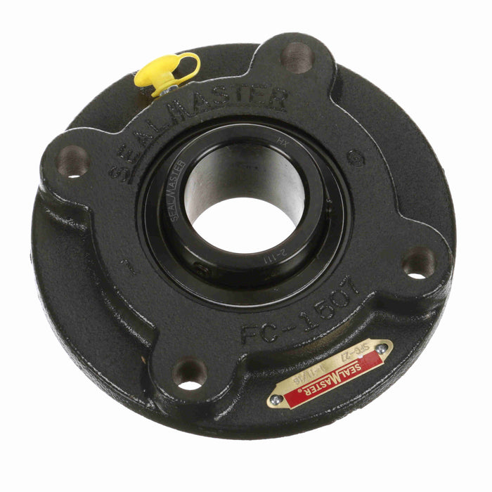 Sealmaster SFC-27 Mounted Ball Bearings, Black Oxide Bearing, 4 Bolt Piloted Flange Bearings, 1-11/16" Diameter, Cast Iron Housing, Set Screw Locking, Felt Labyrinth Seal, Wide Inner Race