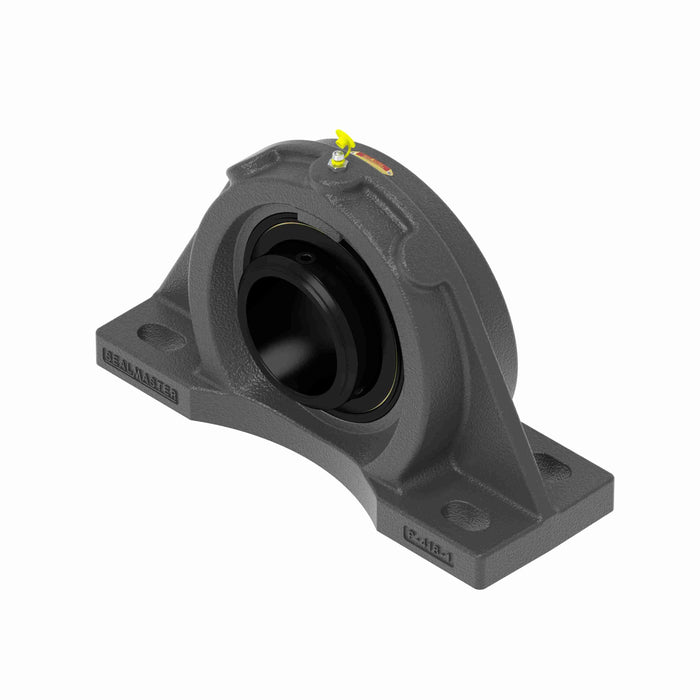 Sealmaster MFPD-55 Mounted Ball Bearings, Black Oxide Bearing, 4 Bolt Pillow Block Bearings, 3-7/16" Diameter, Cast Iron Housing, Double Set Screw Locking, Felt Labyrinth Seal, Wide Inner Race