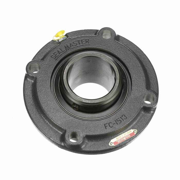 Sealmaster MFCD-47 Mounted Ball Bearings, Black Oxide Bearing, 4 Bolt Piloted Flange Bearings, 2-15/16" Diameter, Cast Iron Housing, Double Set Screw Locking, Felt Labyrinth Seal, Wide Inner Race